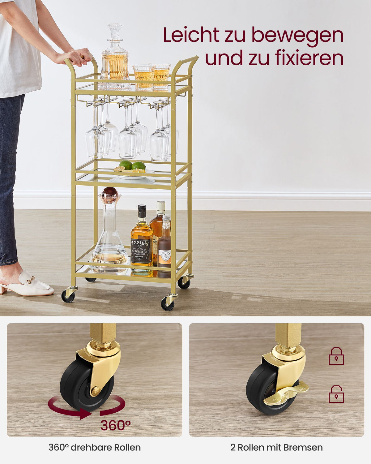 Servierwagen – Dreistufig – Auf Rollen – Mit Griffen – Spiegelnde Glasablagen – Für Kleine Räume – Küche – Esszimmer – Bar – Stahl