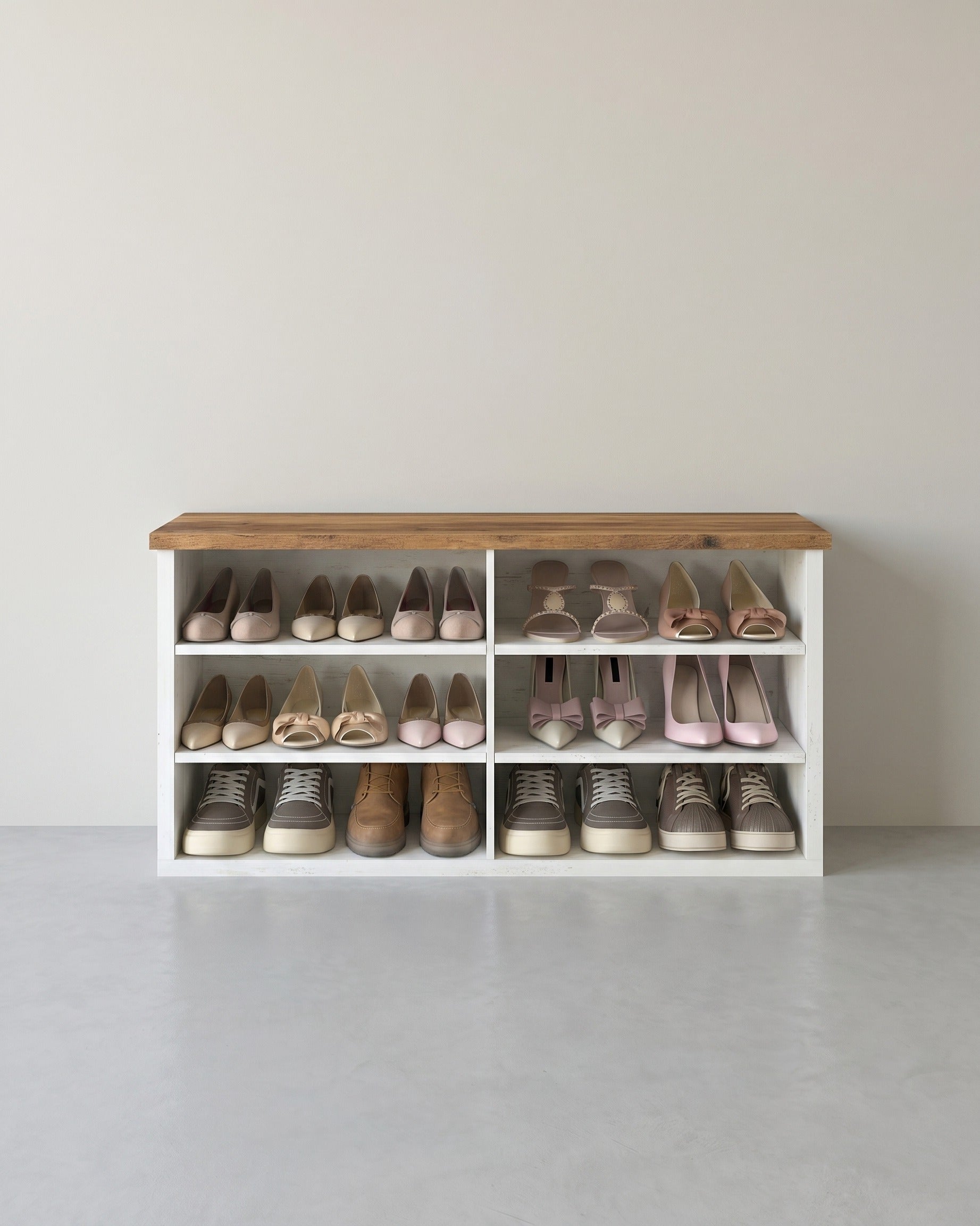 Schuhbank mit 6 offenen Fächern – Landhausstil – Tragkraft bis zu 136 kg – Weiß / Braun
