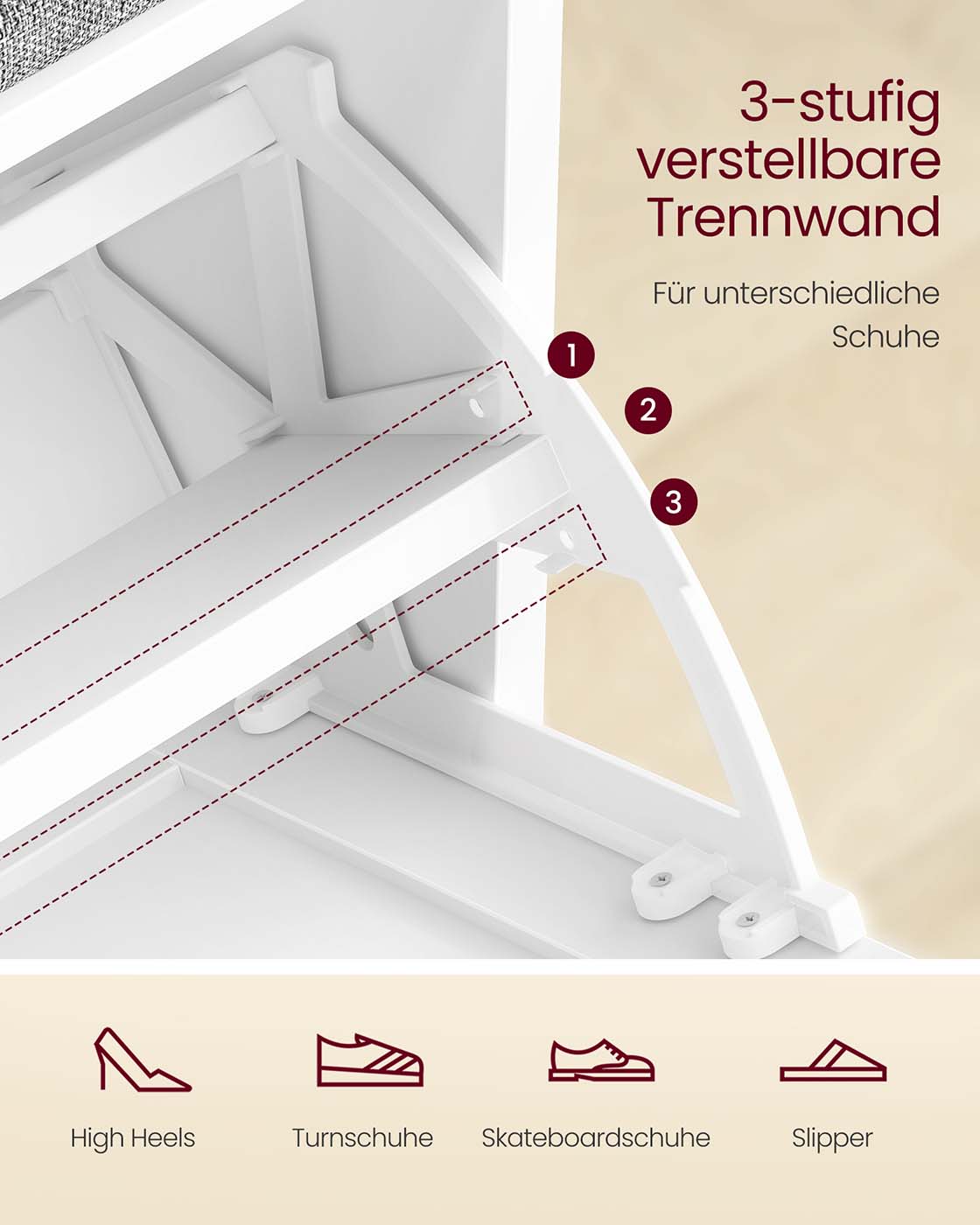 Schuhbank mit Stauraum – mit Polsterung – verstellbare Position – Landhausstil – Tragkraft 136 kg