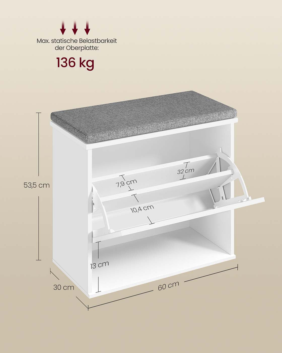 Schuhbank mit Stauraum – mit Polsterung – verstellbare Position – Landhausstil – Tragkraft 136 kg
