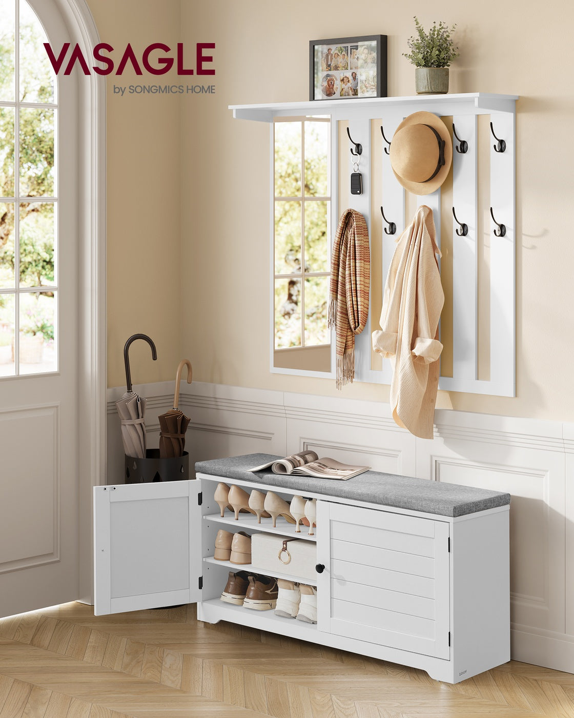Garderobe mit Spiegel und Schuhbank – komplettes Flurmöbel-Set mit Schrank
