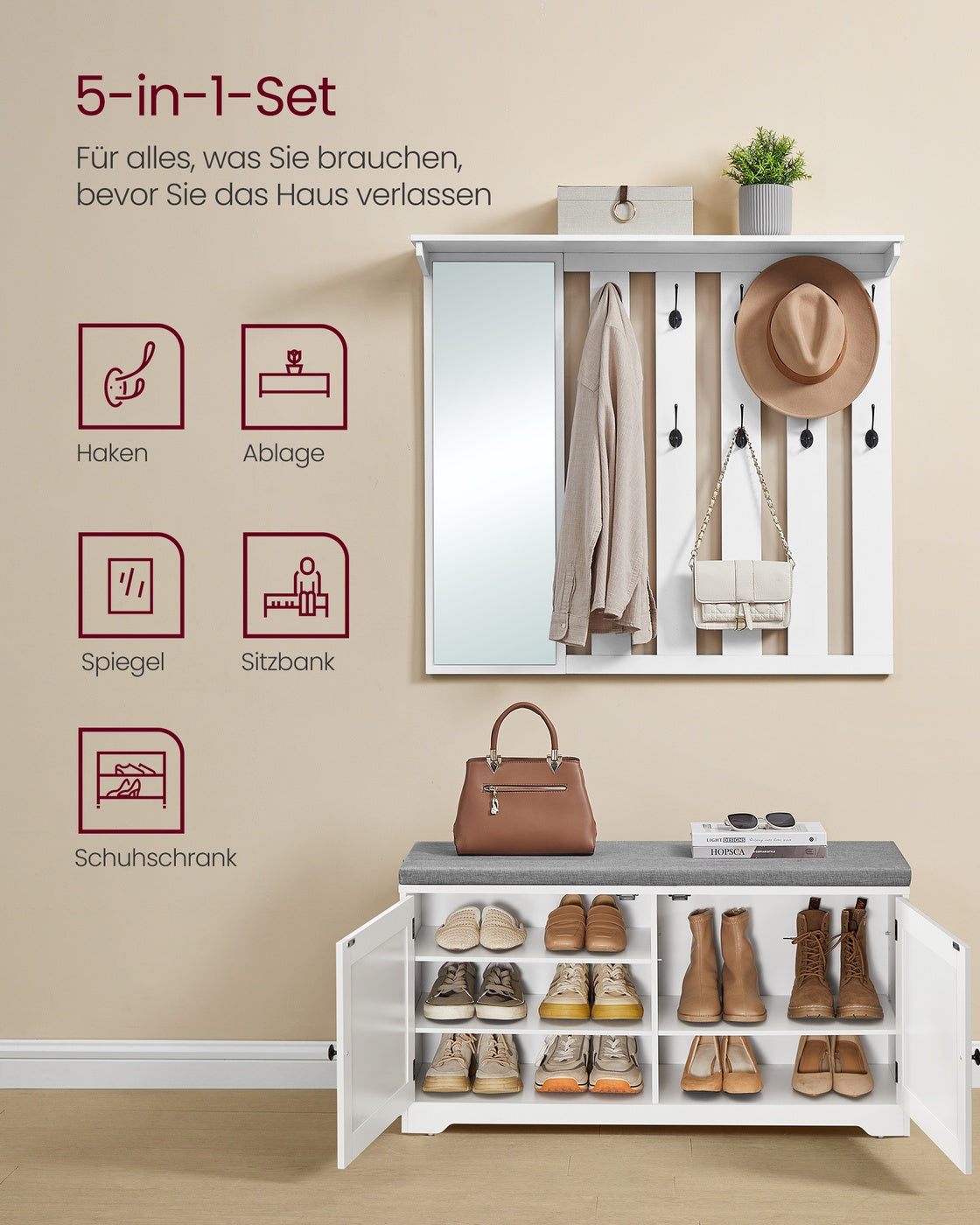 Garderobe mit Spiegel und Schuhbank – komplettes Flurmöbel-Set mit Schrank