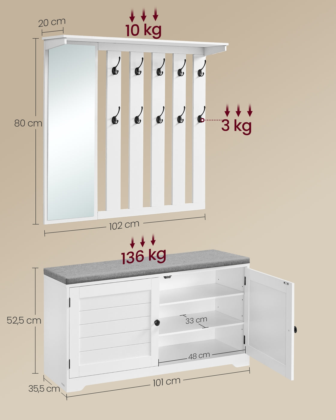 Garderobe mit Spiegel und Schuhbank – komplettes Flurmöbel-Set mit Schrank