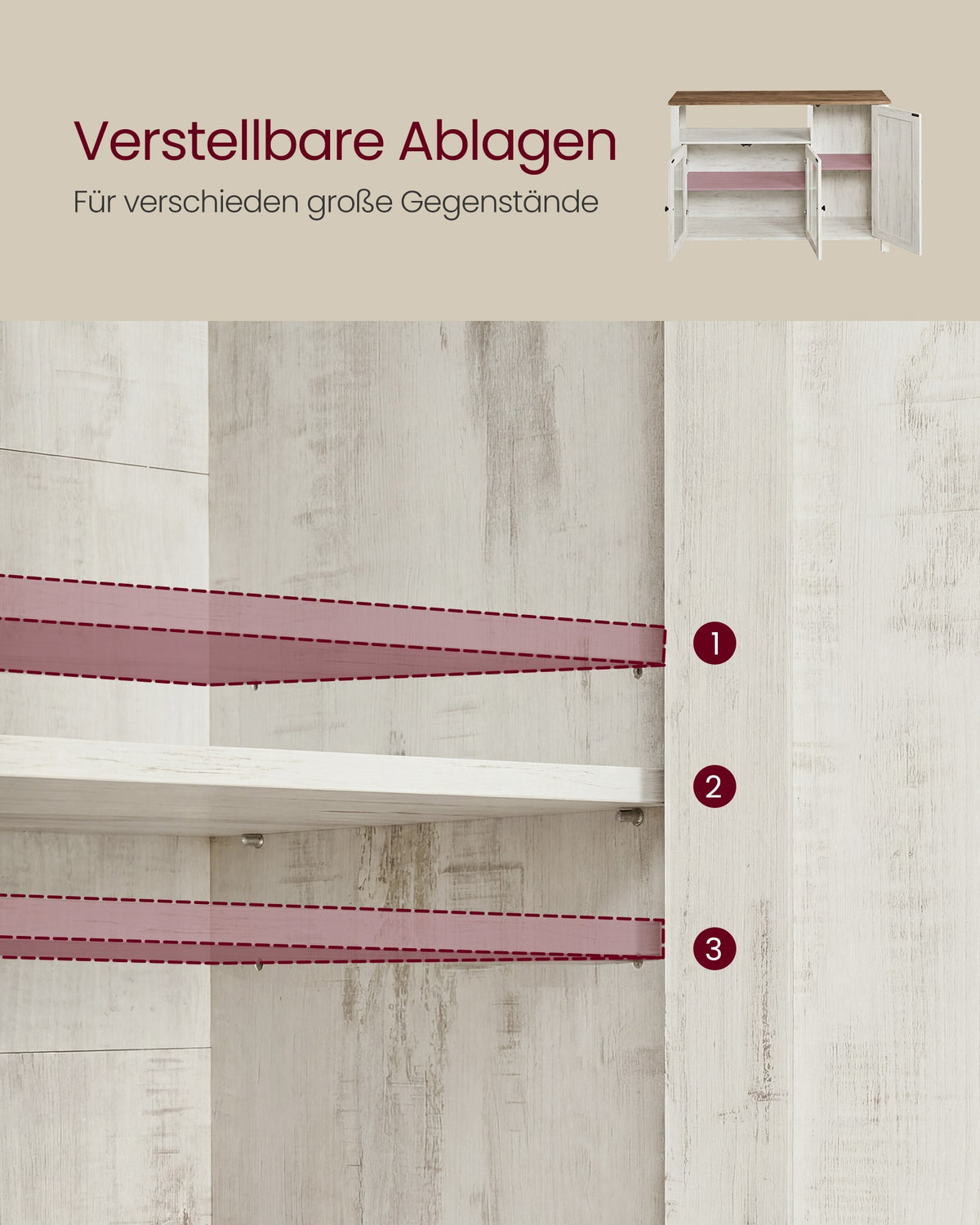 Sideboard – Küchenschrank mit 3 Türen – Aufbewahrungsschrank für Wohnzimmer, Esszimmer oder Küche – Landhausstil – 110 cm breit