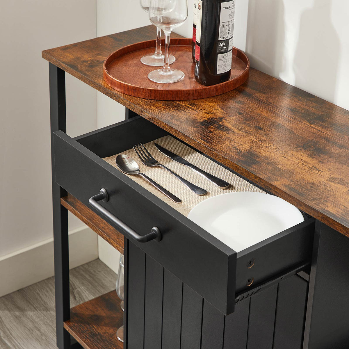 Industrieller Lagerschrank – Sideboard mit Schubladen und Türen – 120 cm breit – Metall- und Holzoptik