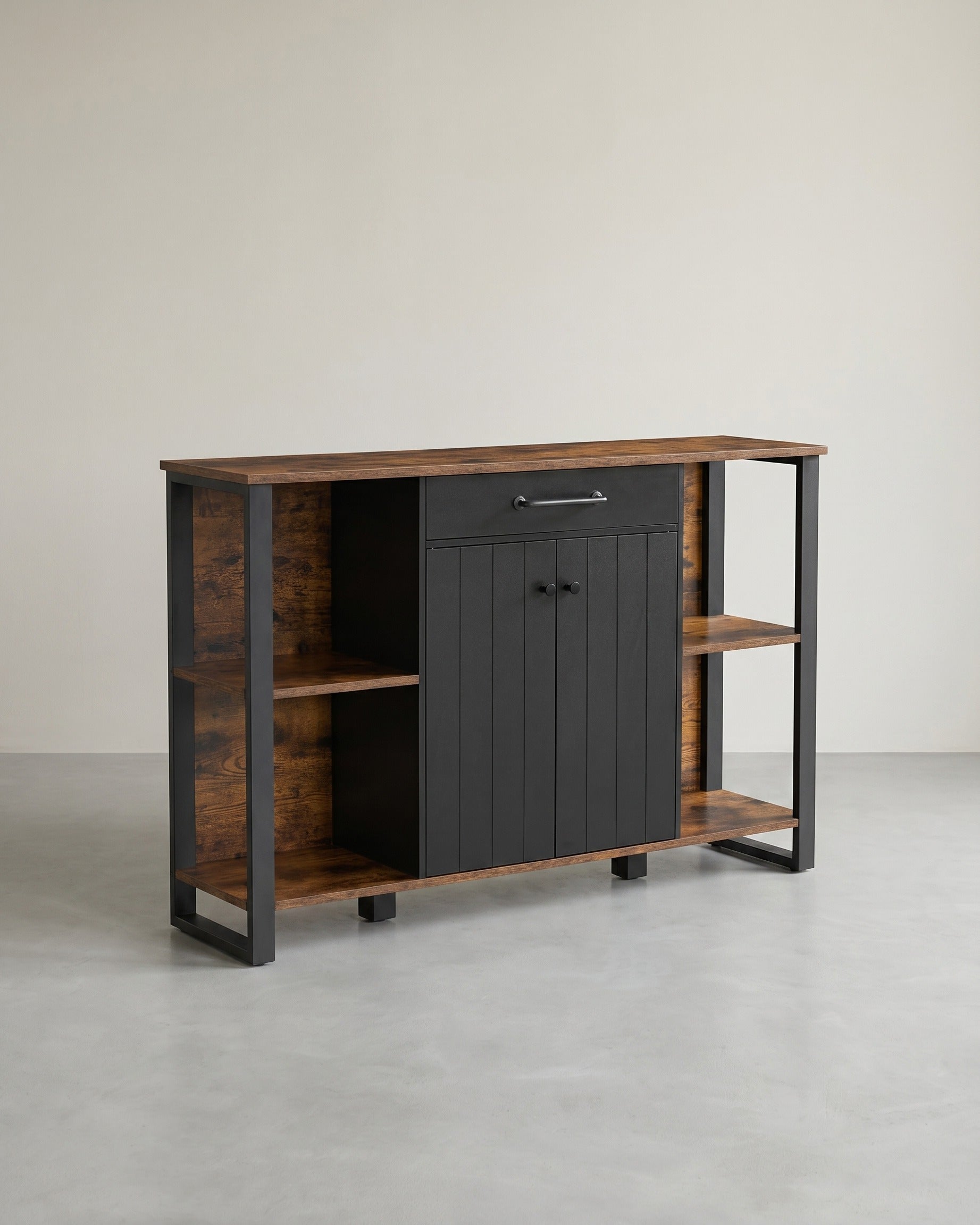 Industrieller Lagerschrank – Sideboard mit Schubladen und Türen – 120 cm breit – Metall- und Holzoptik
