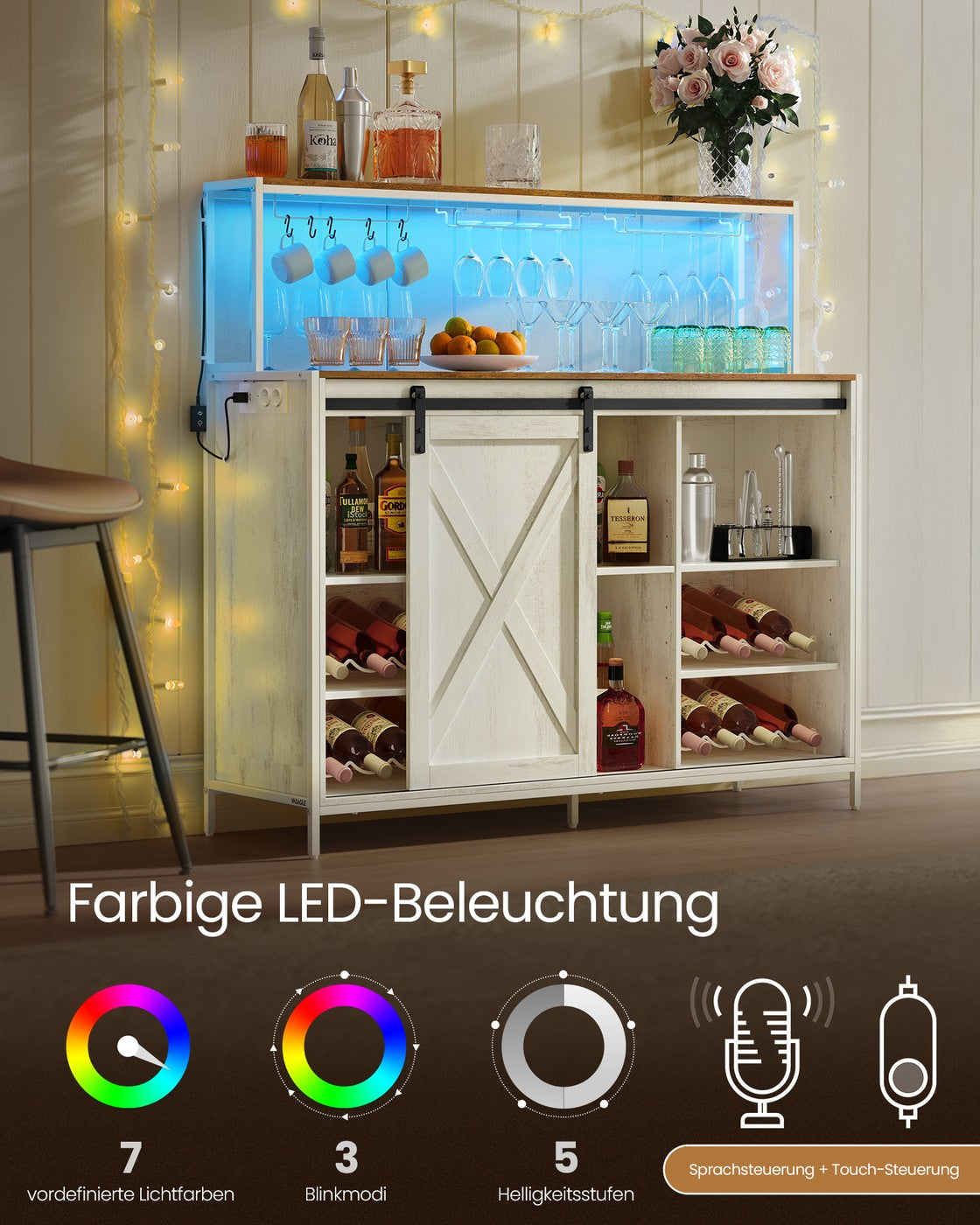 Bar-Schrank Mit LED-Beleuchtung Und Schiebetüren - Weinschrank Mit Steckdosenleiste Und Weinglashaltern