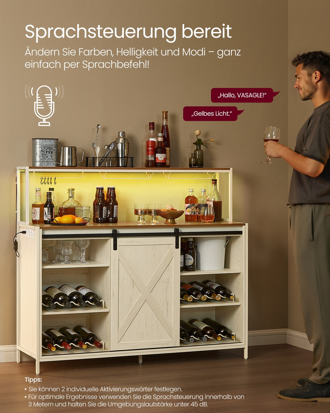 Bar-Schrank Mit LED-Beleuchtung Und Schiebetüren - Weinschrank Mit Steckdosenleiste Und Weinglashaltern