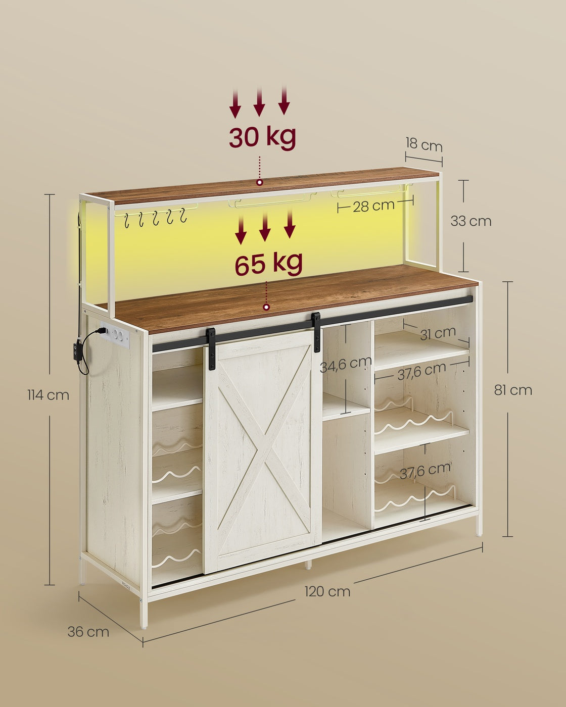 Bar-Schrank Mit LED-Beleuchtung Und Schiebetüren - Weinschrank Mit Steckdosenleiste Und Weinglashaltern