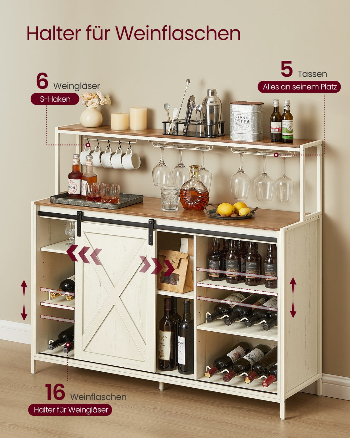 Bar-Schrank Mit LED-Beleuchtung Und Schiebetüren - Weinschrank Mit Steckdosenleiste Und Weinglashaltern