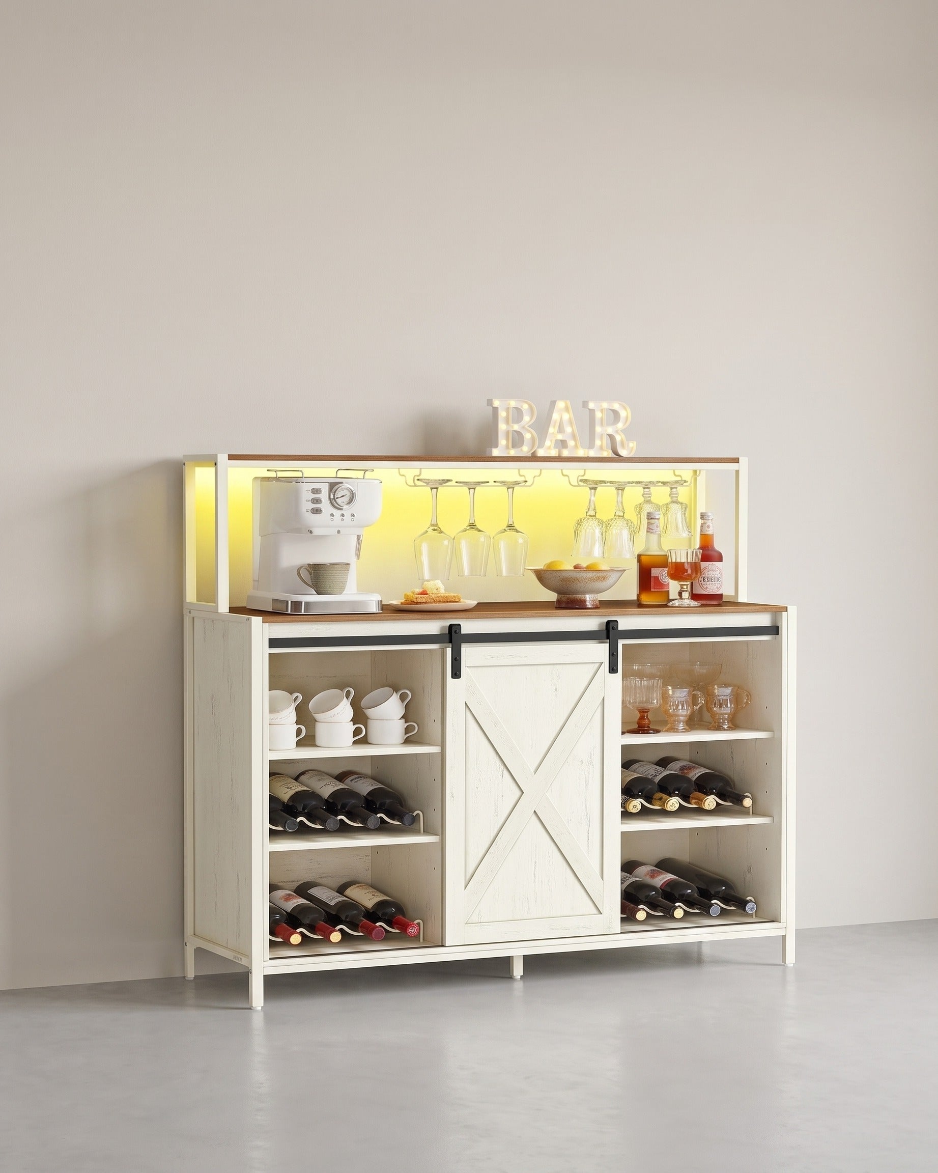 Bar-Schrank Mit LED-Beleuchtung Und Schiebetüren - Weinschrank Mit Steckdosenleiste Und Weinglashaltern