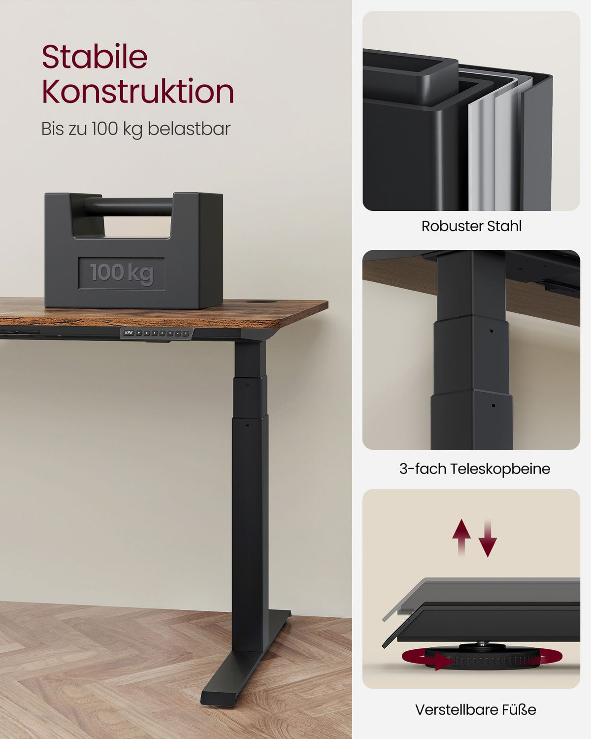Elektrisches Sitz-Steh-Schreibtischgestell – Doppelmotor – Höhen- und breitenverstellbar – Bis 100 kg Tragkraft – Mit Controller, USB-Anschluss und Rollen