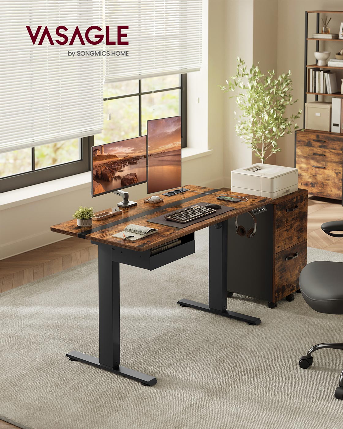 Elektrischer Stehschreibtisch mit Steckdose - Memory-Funktion - mit Schublade und Haken - Home Office