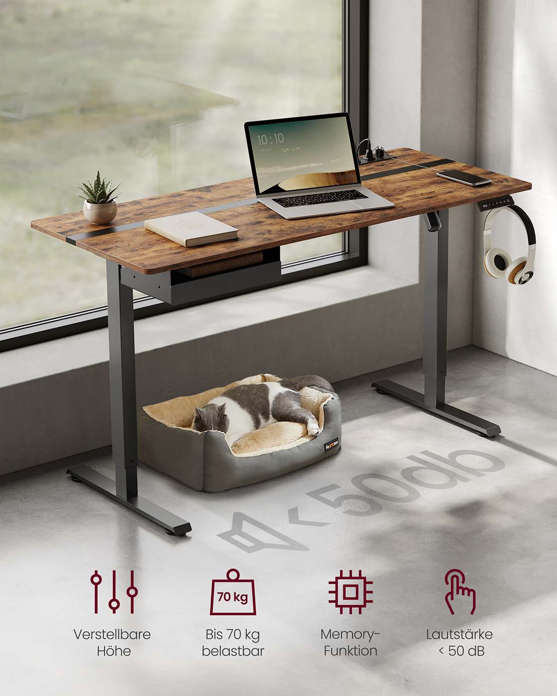 Elektrischer Stehschreibtisch mit Steckdose - Memory-Funktion - mit Schublade und Haken - Home Office