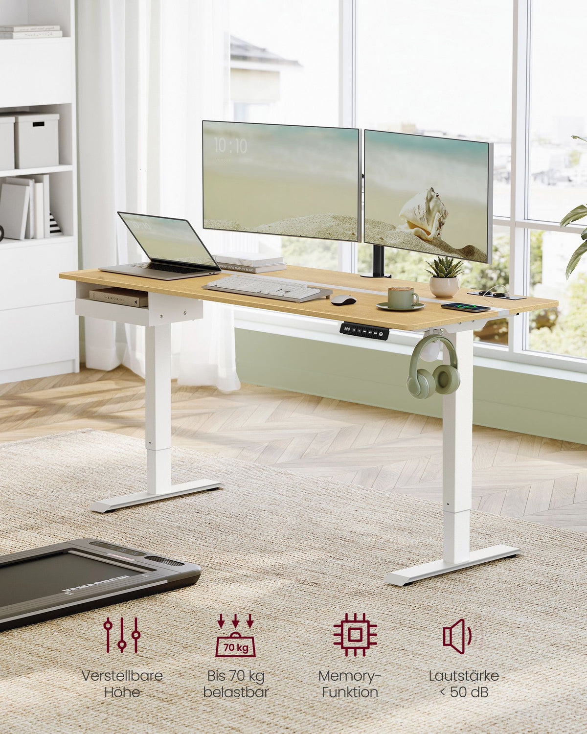 Elektrischer Stehschreibtisch mit Steckdose - Memory-Funktion - mit Schublade und Haken - Home Office