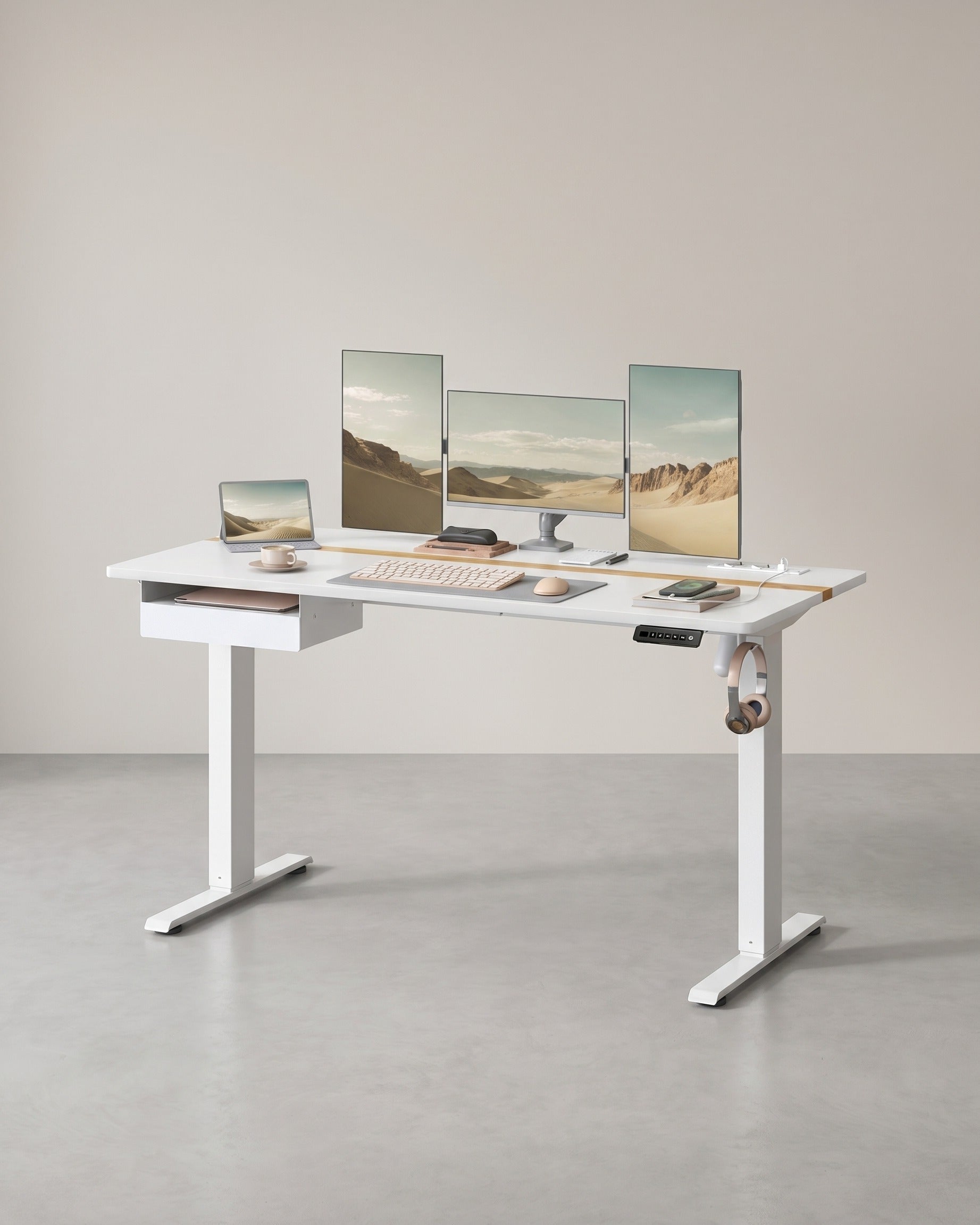 Elektrischer Stehschreibtisch mit Steckdose - Memory-Funktion - mit Schublade und Haken - Home Office – Weiß