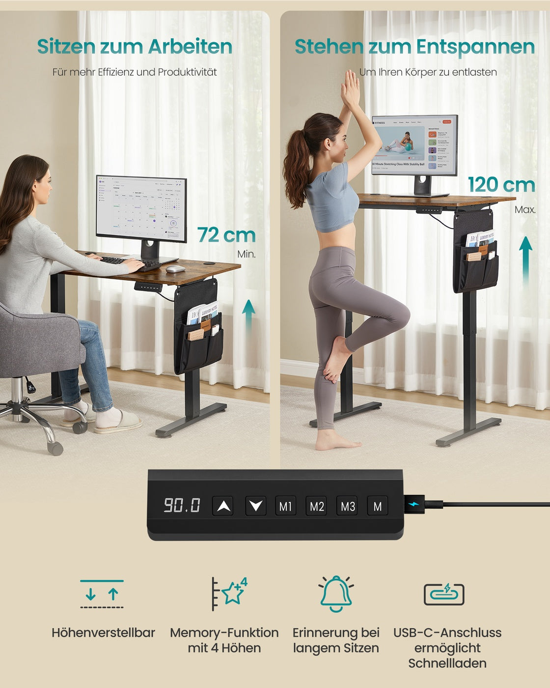 Höhenverstellbarer Schreibtisch – Elektrisch – Memoryfunktion für 4 Höhen – 100 x 60 x (72-120) cm