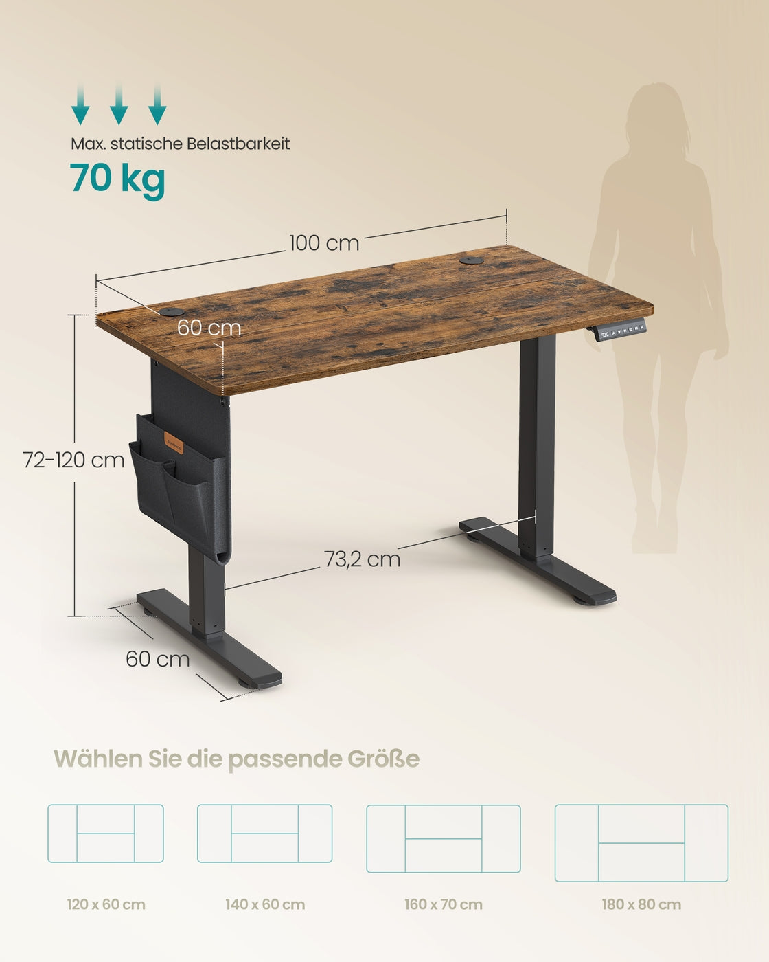 Höhenverstellbarer Schreibtisch – Elektrisch – Memoryfunktion für 4 Höhen – 100 x 60 x (72-120) cm