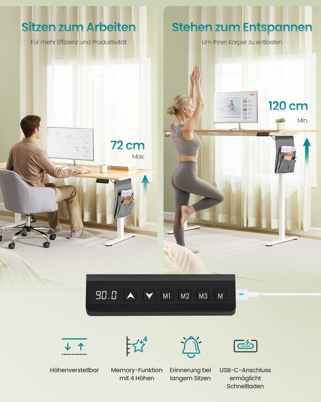 Elektrisch höhenverstellbarer Schreibtisch – 4 Speicherplätze – USB-C-Schnellladefunktion – 120 bis 180 x 80 cm