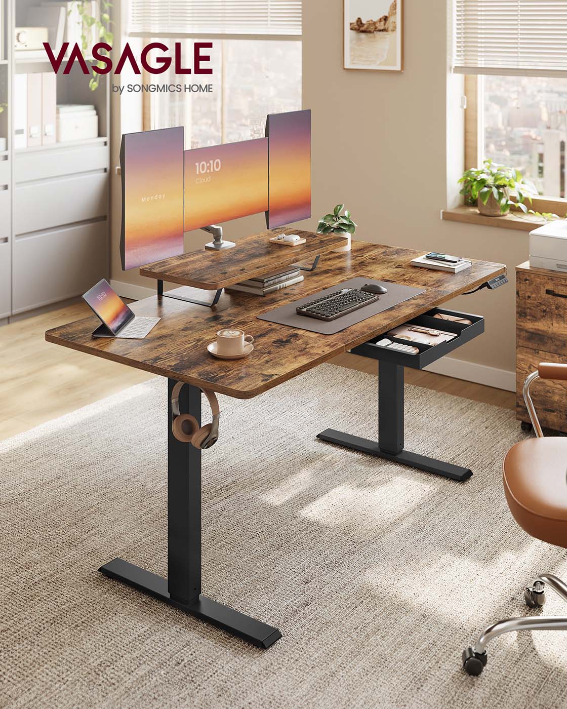 Elektrisch höhenverstellbarer Schreibtisch – mit Monitorständer – 140 oder 160 cm Tischplatte – USB-C-Anschluss und Speicherfunktion
