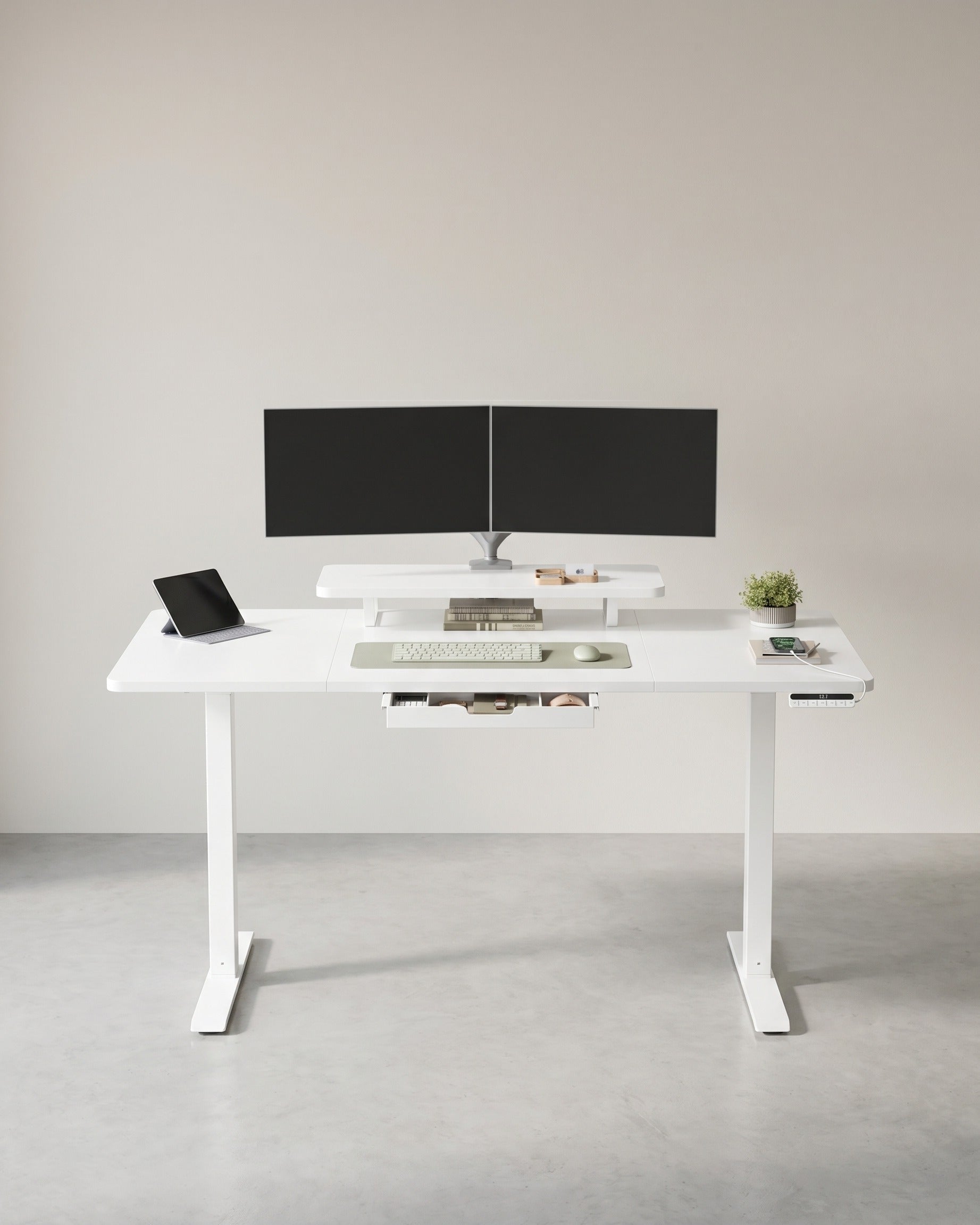 Elektrisch höhenverstellbarer Schreibtisch – mit Monitorständer – 140 oder 160 cm Tischplatte – USB-C-Anschluss und Speicherfunktion – Weiß
