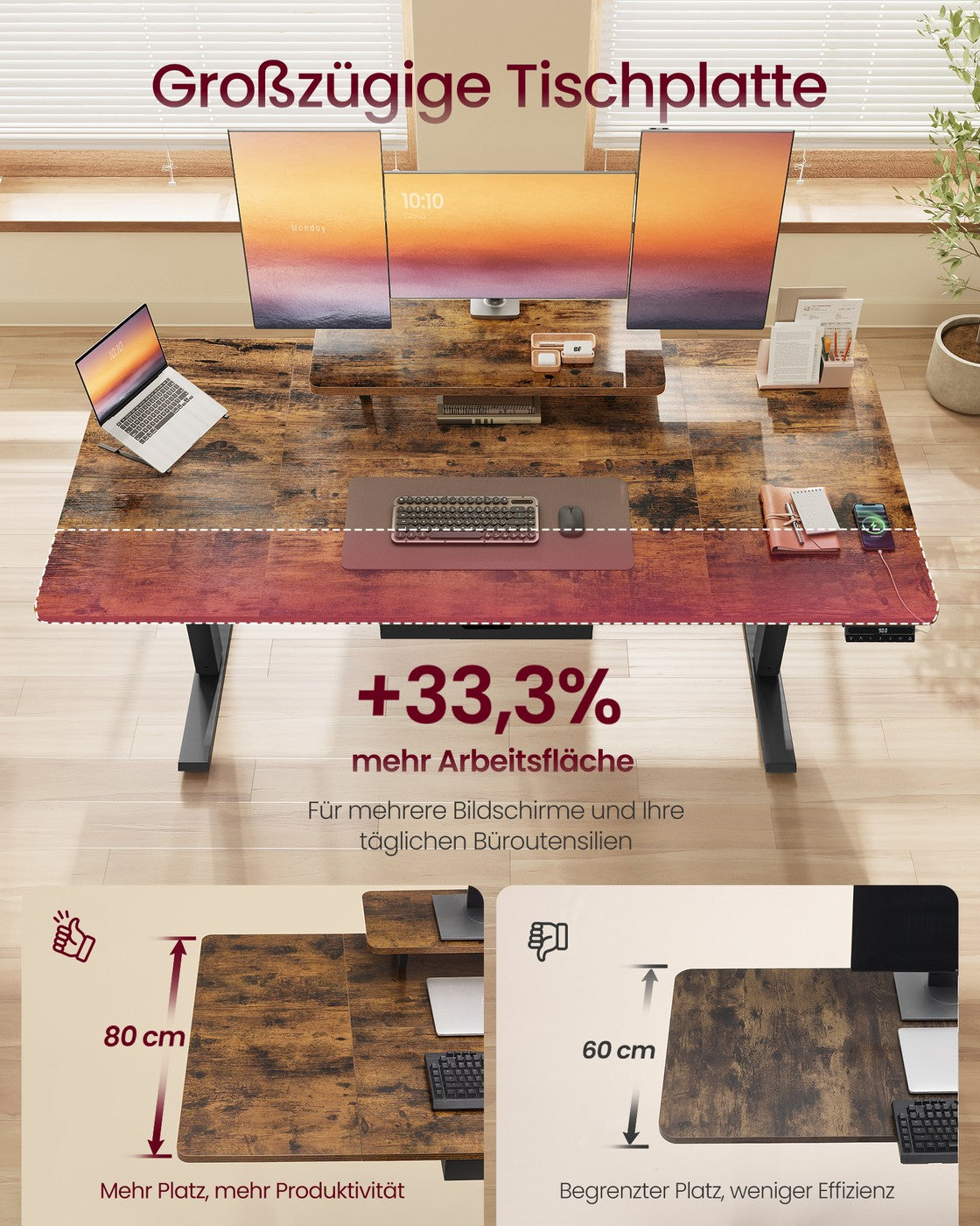 Elektrisch höhenverstellbarer Schreibtisch – mit Monitorständer – 140 oder 160 cm Tischplatte – USB-C-Anschluss und Speicherfunktion