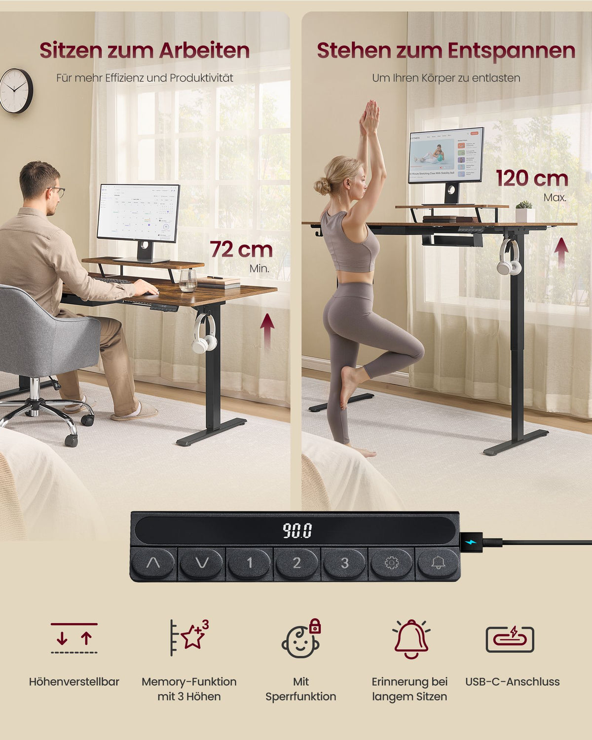 Elektrisch höhenverstellbarer Schreibtisch – mit Monitorständer – 140 oder 160 cm Tischplatte – USB-C-Anschluss und Speicherfunktion
