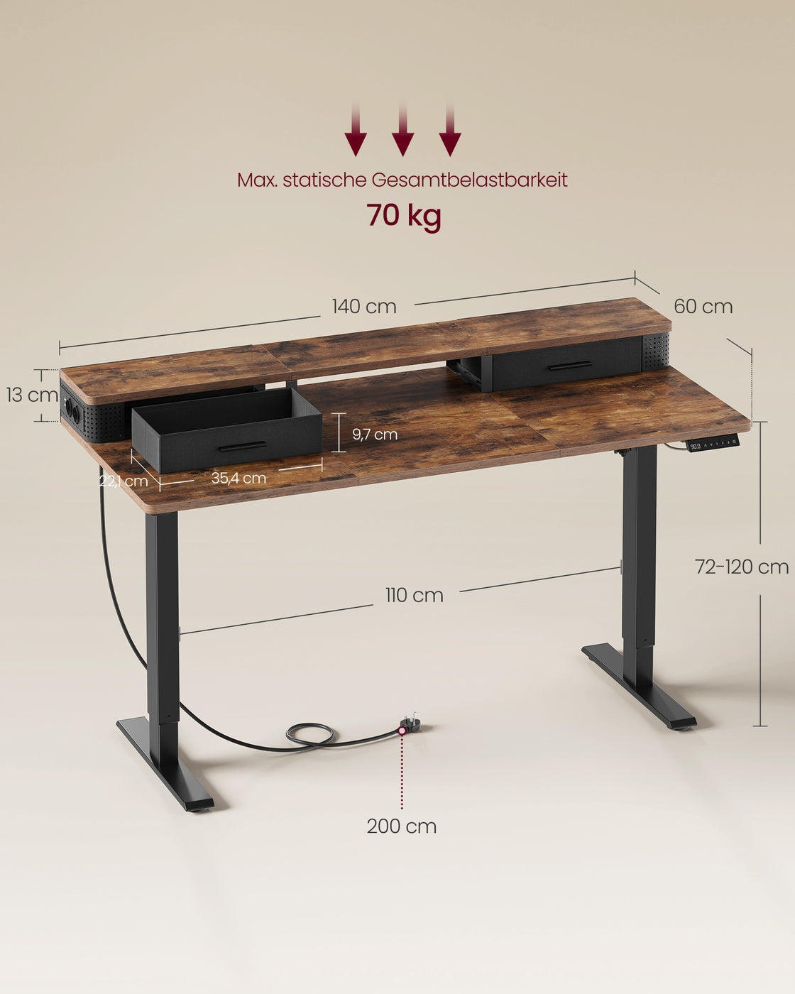 Elektrischer Stehtisch mit LED - Gaming-Schreibtisch - Mit Steckdose & USB-Anschluss