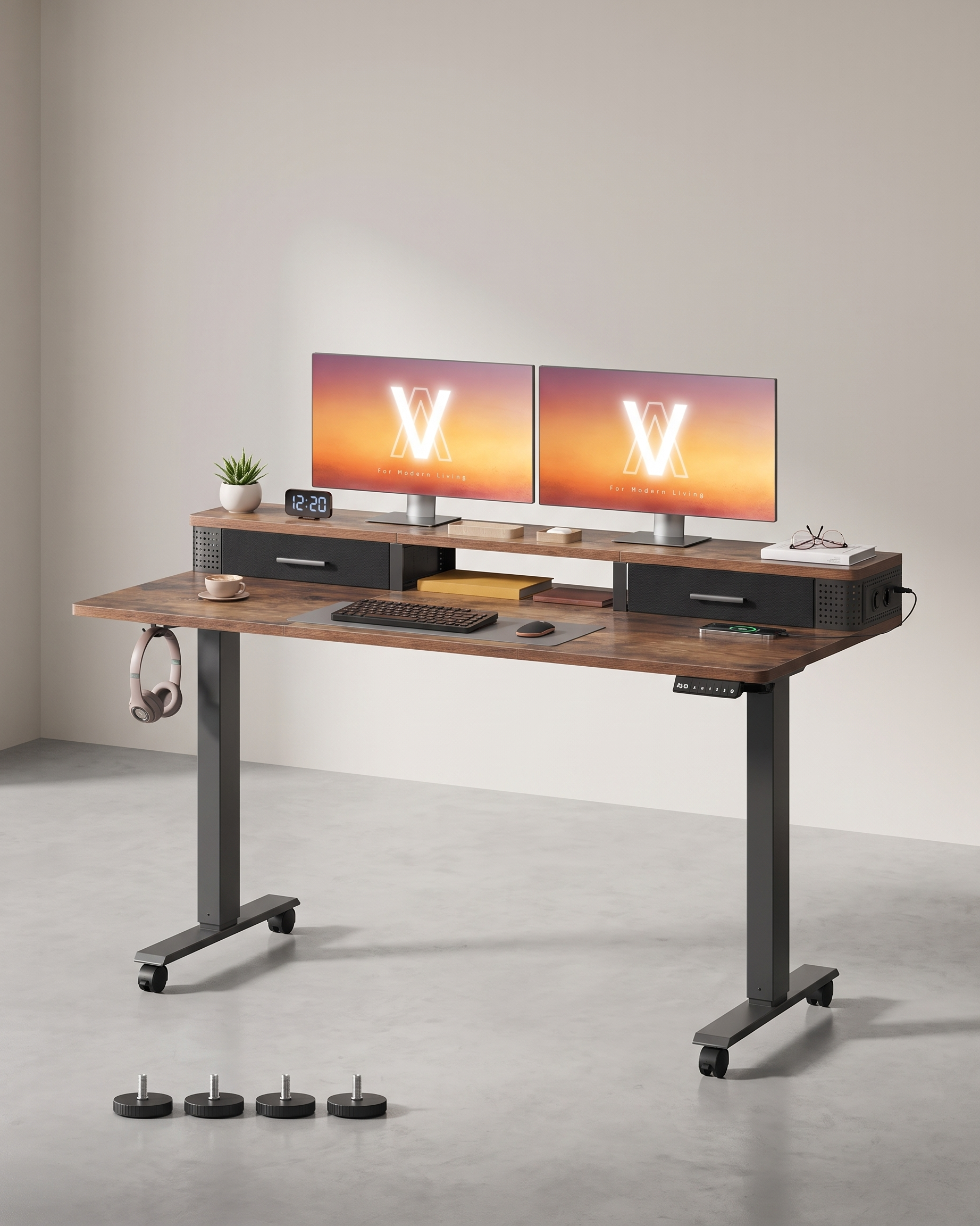Höhenverstellbarer Schreibtisch – elektrisch – mit Memory-Funktion, Monitorhalterung und Steckdose – 140 x 60 cm