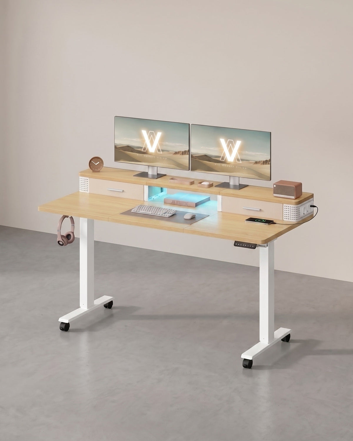 Elektrischer Stehtisch mit LED - Gaming-Schreibtisch - Mit Steckdose & USB-Anschluss