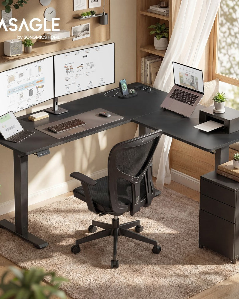 Elektrisch höhenverstellbarer Schreibtisch – L-förmiger Eckschreibtisch 160 x 140 cm – mit Steckdosen und USB-Anschlüssen – Kabelmanagement