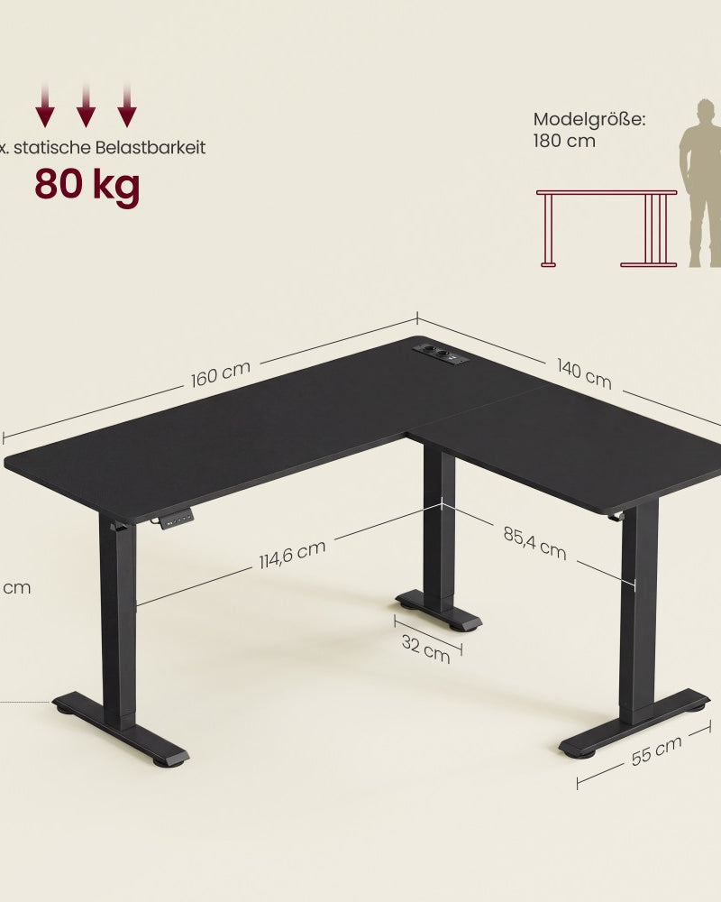 Elektrisch höhenverstellbarer Schreibtisch – L-förmiger Eckschreibtisch 160 x 140 cm – mit Steckdosen und USB-Anschlüssen – Kabelmanagement