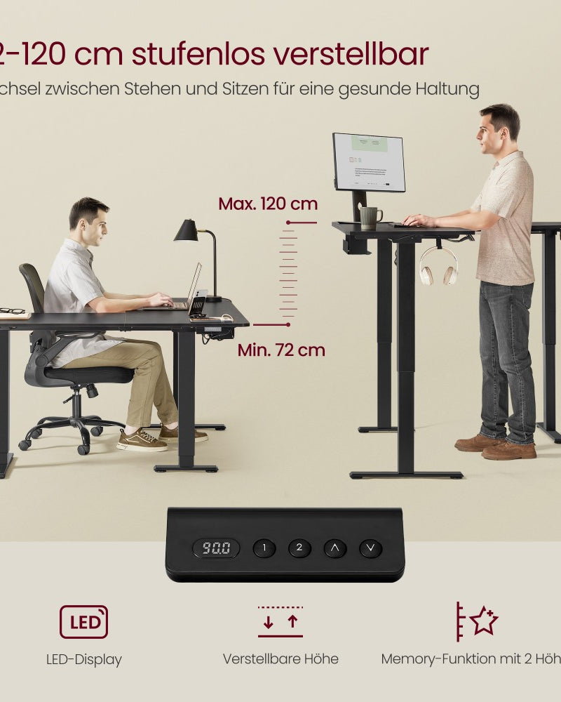 Elektrisch höhenverstellbarer Schreibtisch – L-förmiger Eckschreibtisch 160 x 140 cm – mit Steckdosen und USB-Anschlüssen – Kabelmanagement