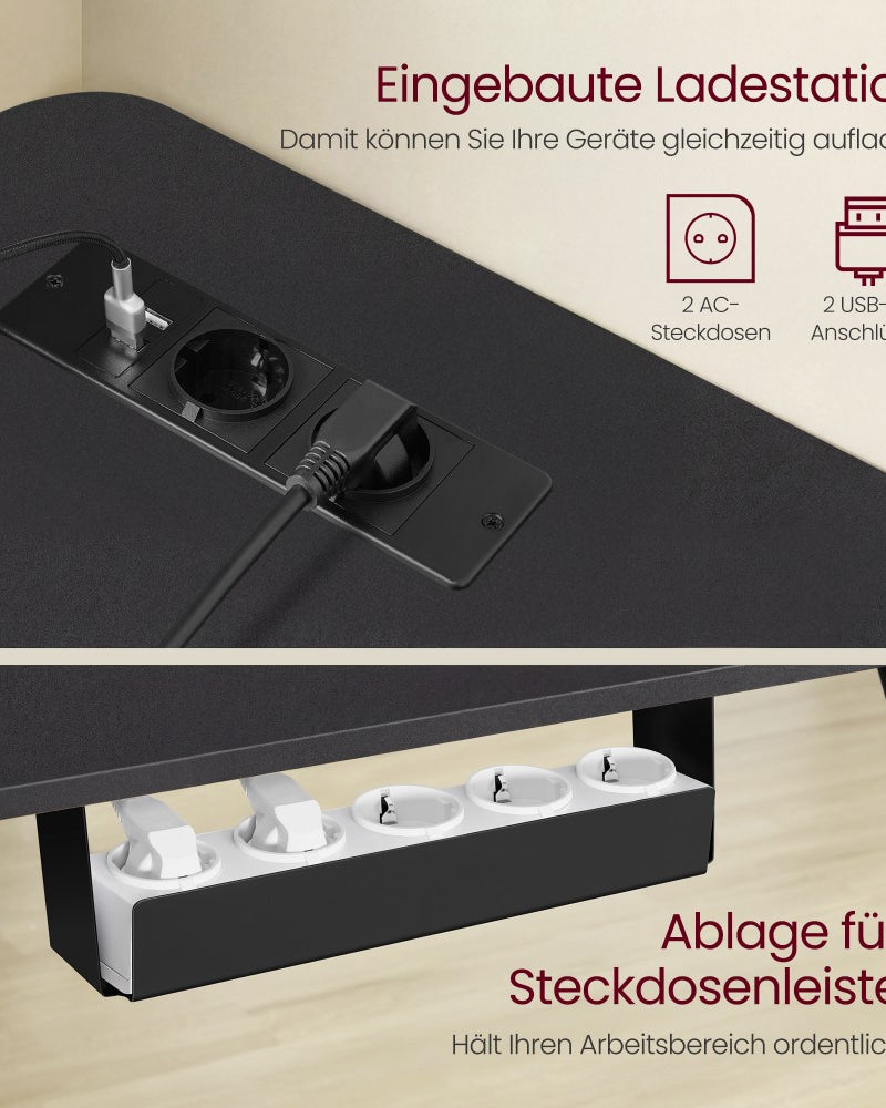 Elektrisch höhenverstellbarer Schreibtisch – L-förmiger Eckschreibtisch 160 x 140 cm – mit Steckdosen und USB-Anschlüssen – Kabelmanagement