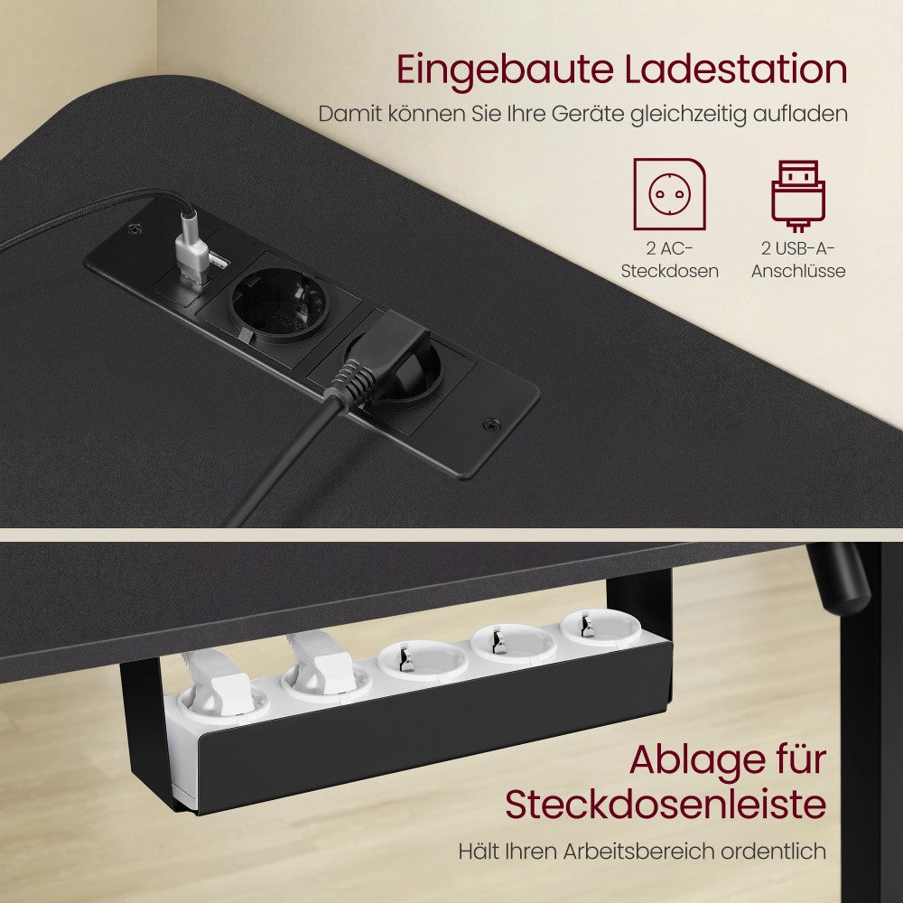 Elektrisch höhenverstellbarer Schreibtisch – L-förmiger Eckschreibtisch 160 x 140 cm – mit Steckdosen und USB-Anschlüssen – Kabelmanagement