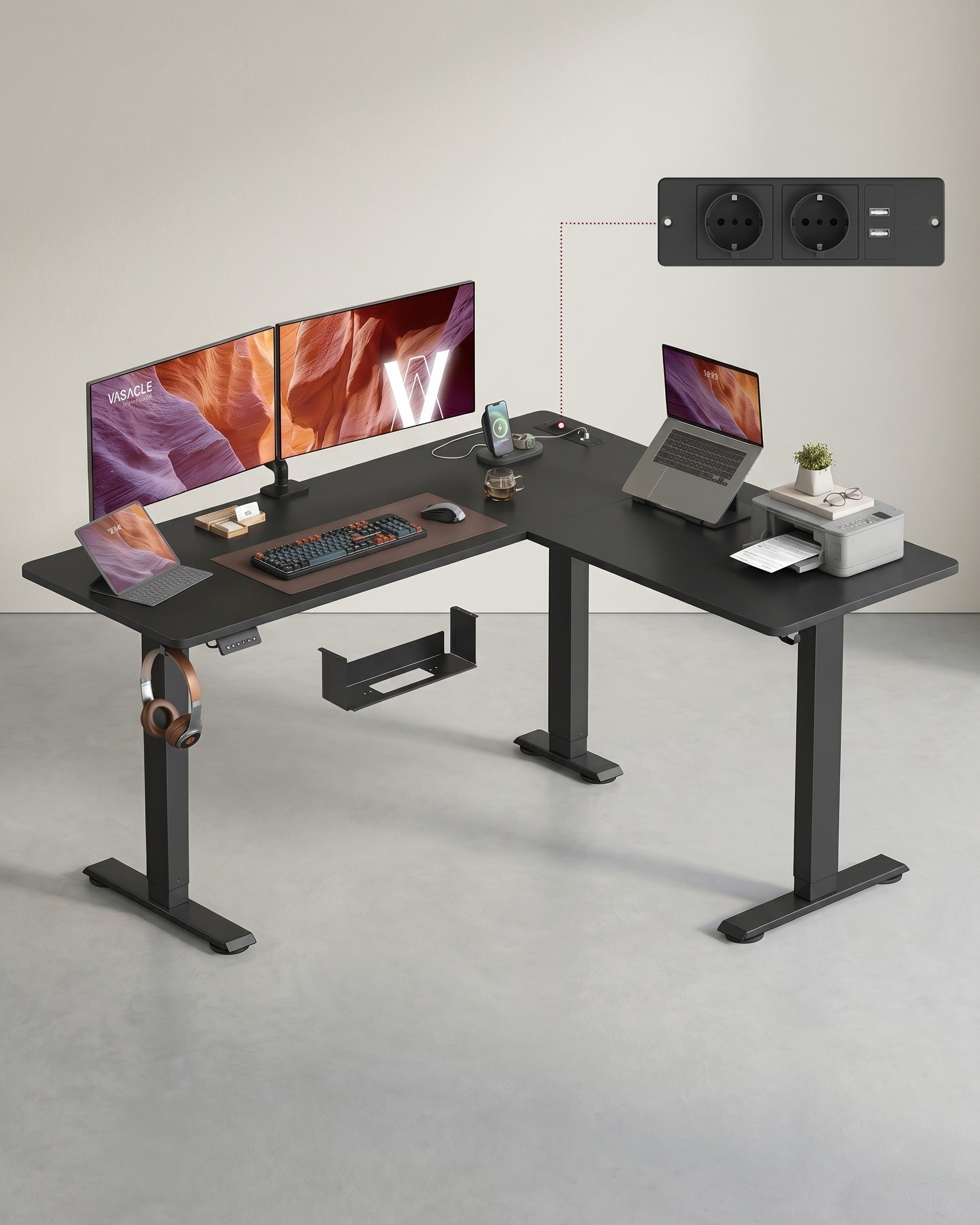 Elektrisch höhenverstellbarer Schreibtisch – L-förmiger Eckschreibtisch 160 x 140 cm – mit Steckdosen und USB-Anschlüssen – Kabelmanagement