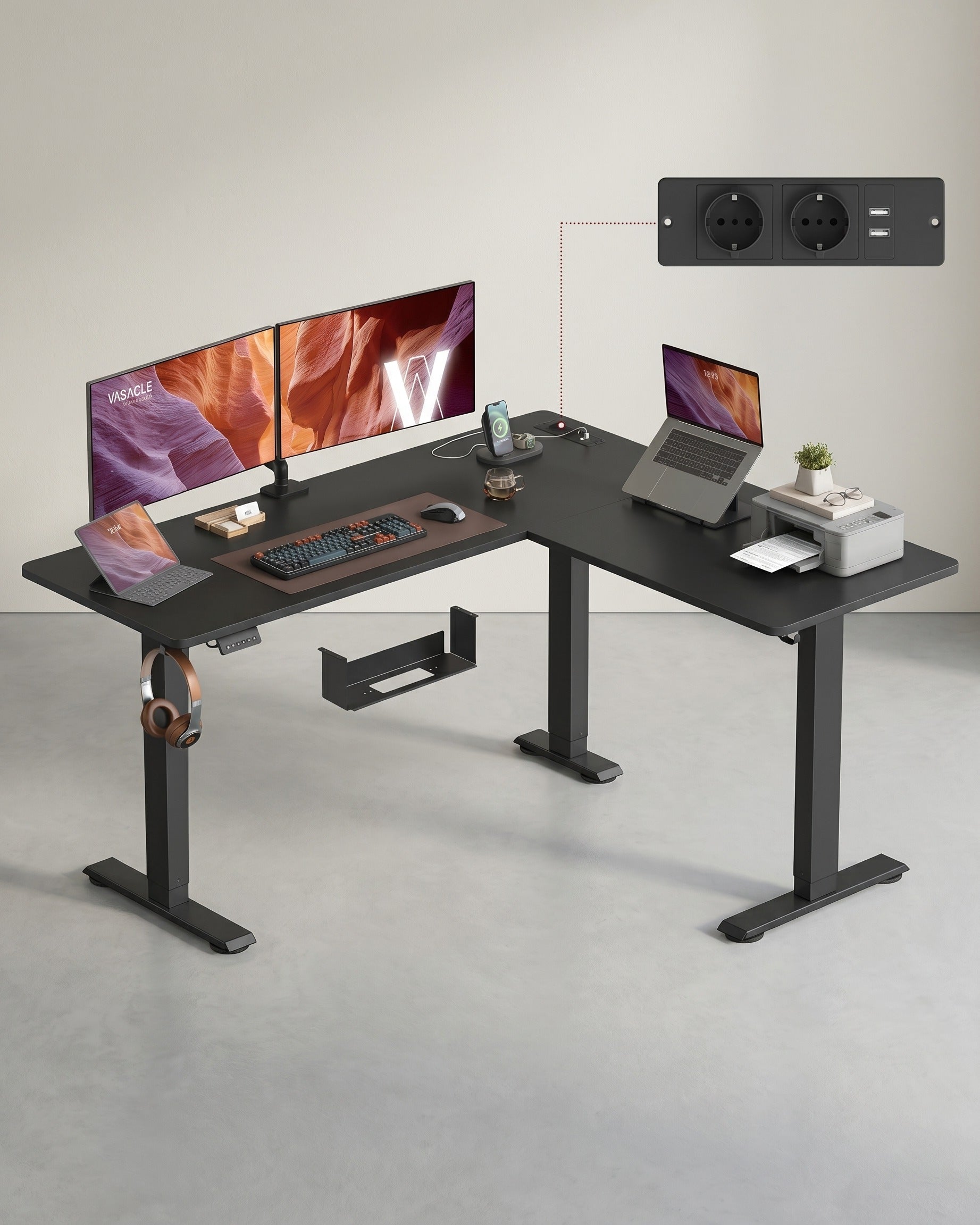 Elektrisch höhenverstellbarer Schreibtisch – L-förmiger Eckschreibtisch 160 x 140 cm – mit Steckdosen und USB-Anschlüssen – Kabelmanagement