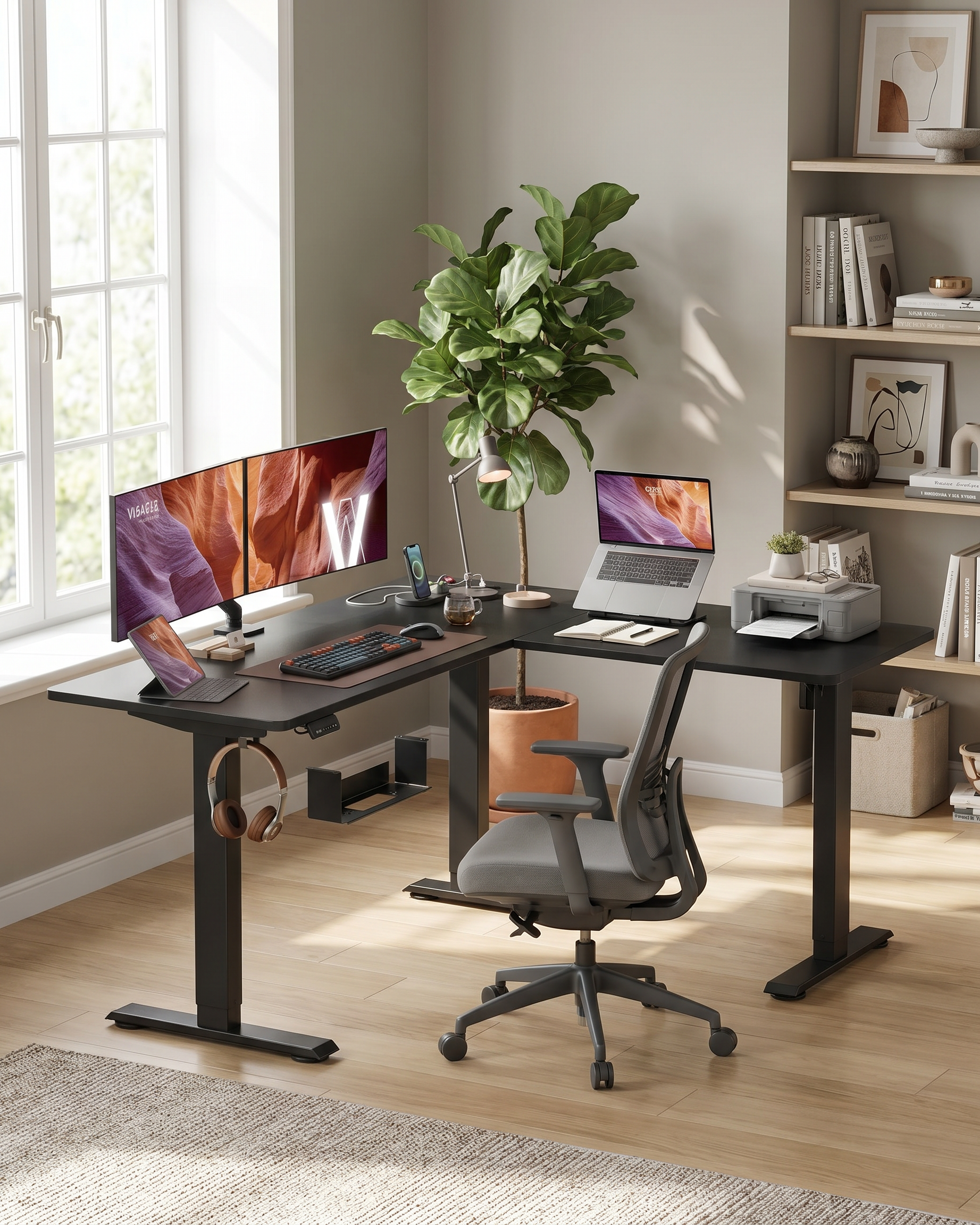 Elektrisch höhenverstellbarer Schreibtisch – L-förmiger Eckschreibtisch 160 x 140 cm – mit Steckdosen und USB-Anschlüssen – Kabelmanagement