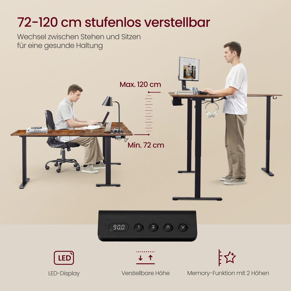 Elektrisch verstellbarer Eckschreibtisch – L-Form – mit Steckdosen und USB-Anschluss – Steh-Sitz-Schreibtisch