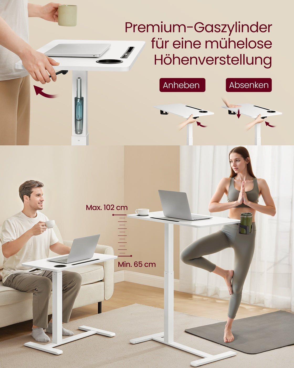 Verstellbarer Beistelltisch mit Rollen – Höhe 65-102 cm – Weiß – Multifunktionstisch