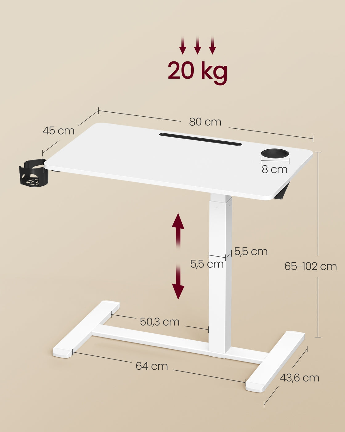 Verstellbarer Beistelltisch mit Rollen – Höhe 65-102 cm – Weiß – Multifunktionstisch