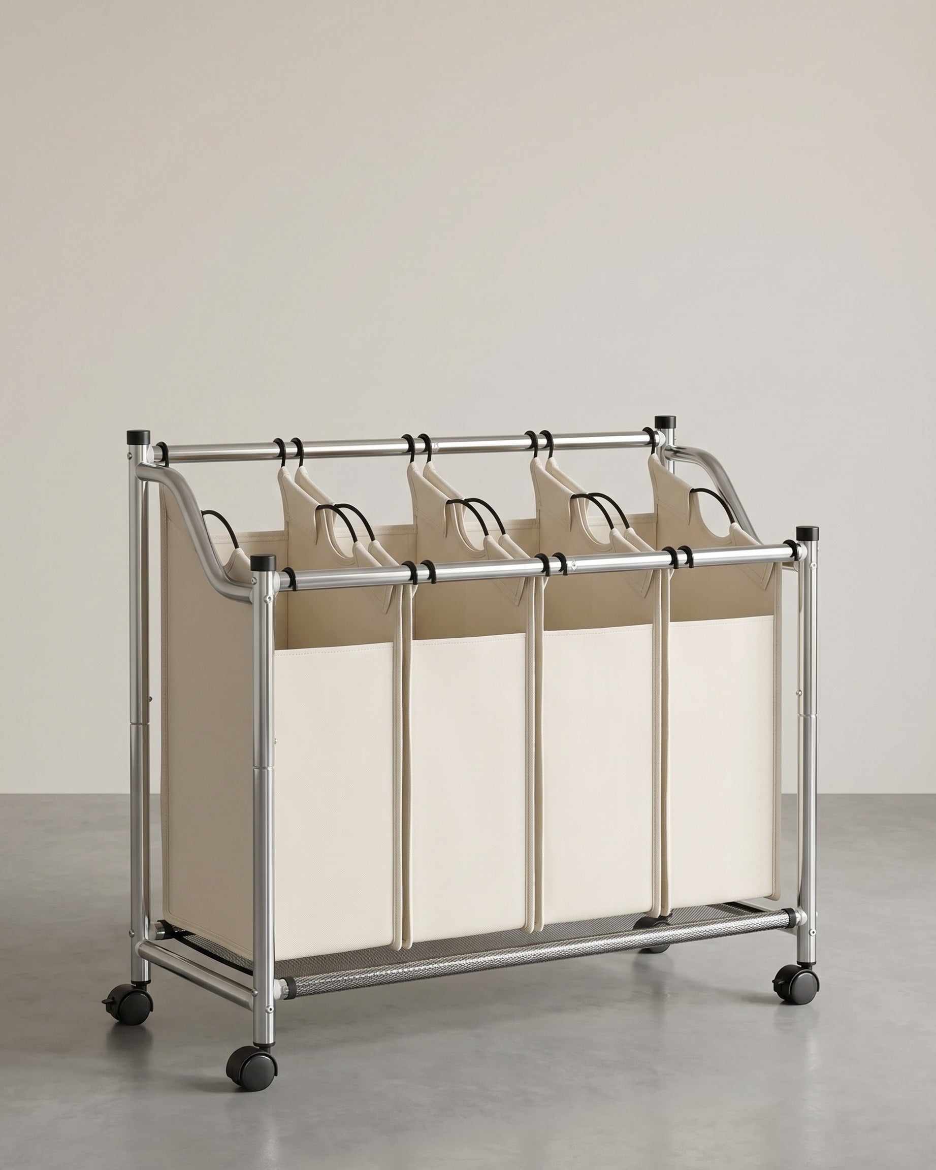 Wäschekorb mit 4 herausnehmbaren Beuteln - Wäschesammler - mit Rollen - Wäschetrennung – Beige