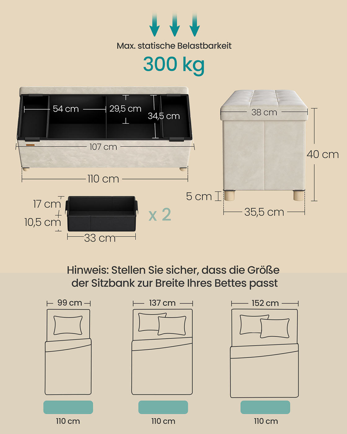 Klappbarer Samthocker mit Stauraum – 110 cm – 112 l – Bis zu 300 kg Tragkraft