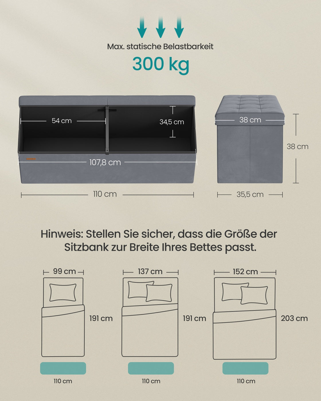 Aufbewahrungsbank - 38 x 110 x 38 cm - Mit Klappdeckel - Für Schlafzimmer Oder Flur