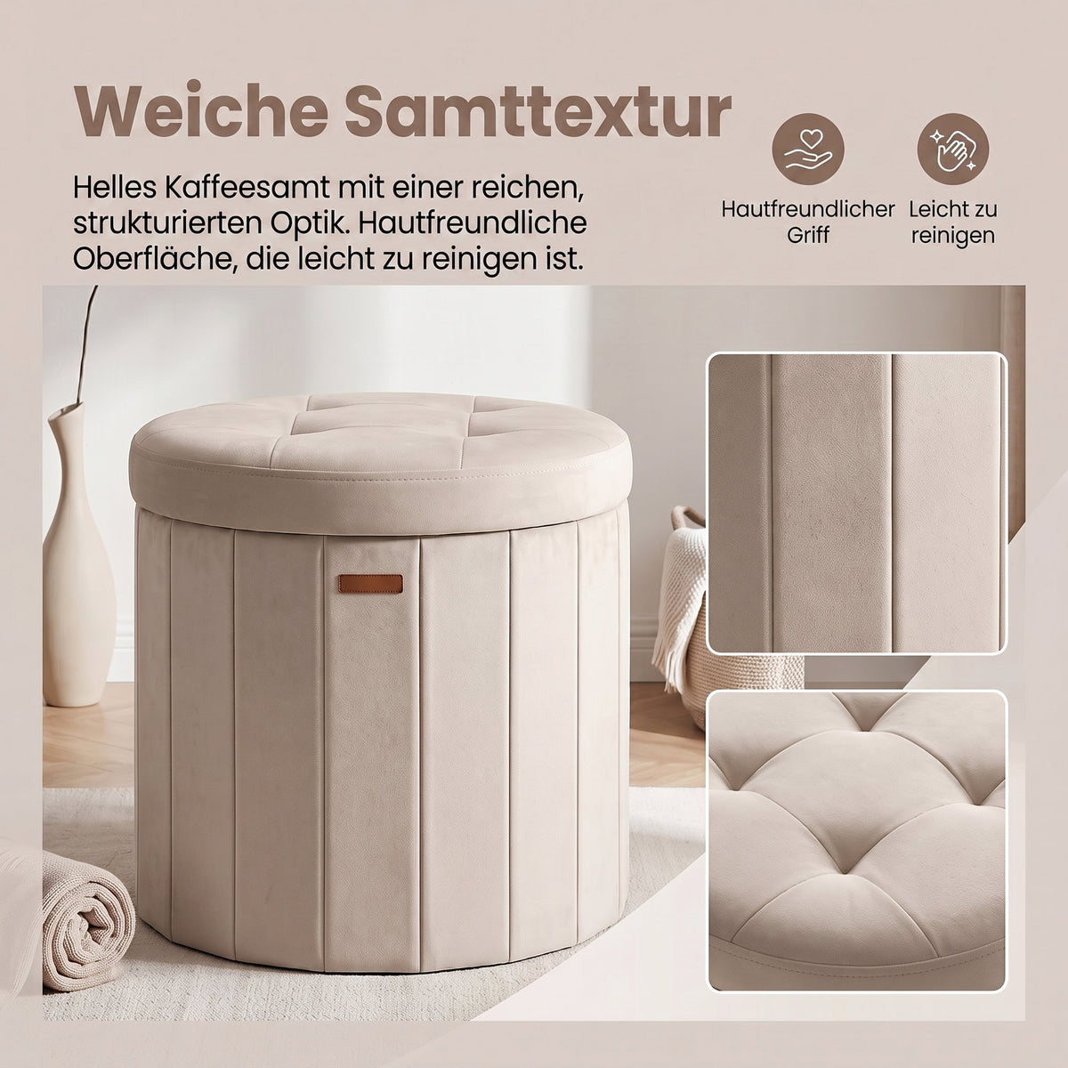 Runder Sitzhocker - Klappbarer Pouf Mit Stauraum - Mit Abnehmbarem Deckel