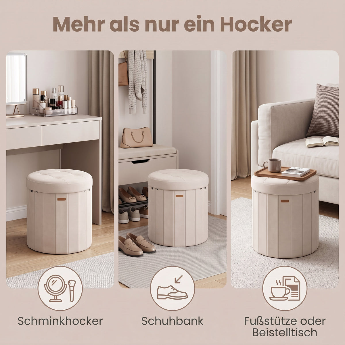 Runder Sitzhocker - Klappbarer Pouf Mit Stauraum - Mit Abnehmbarem Deckel