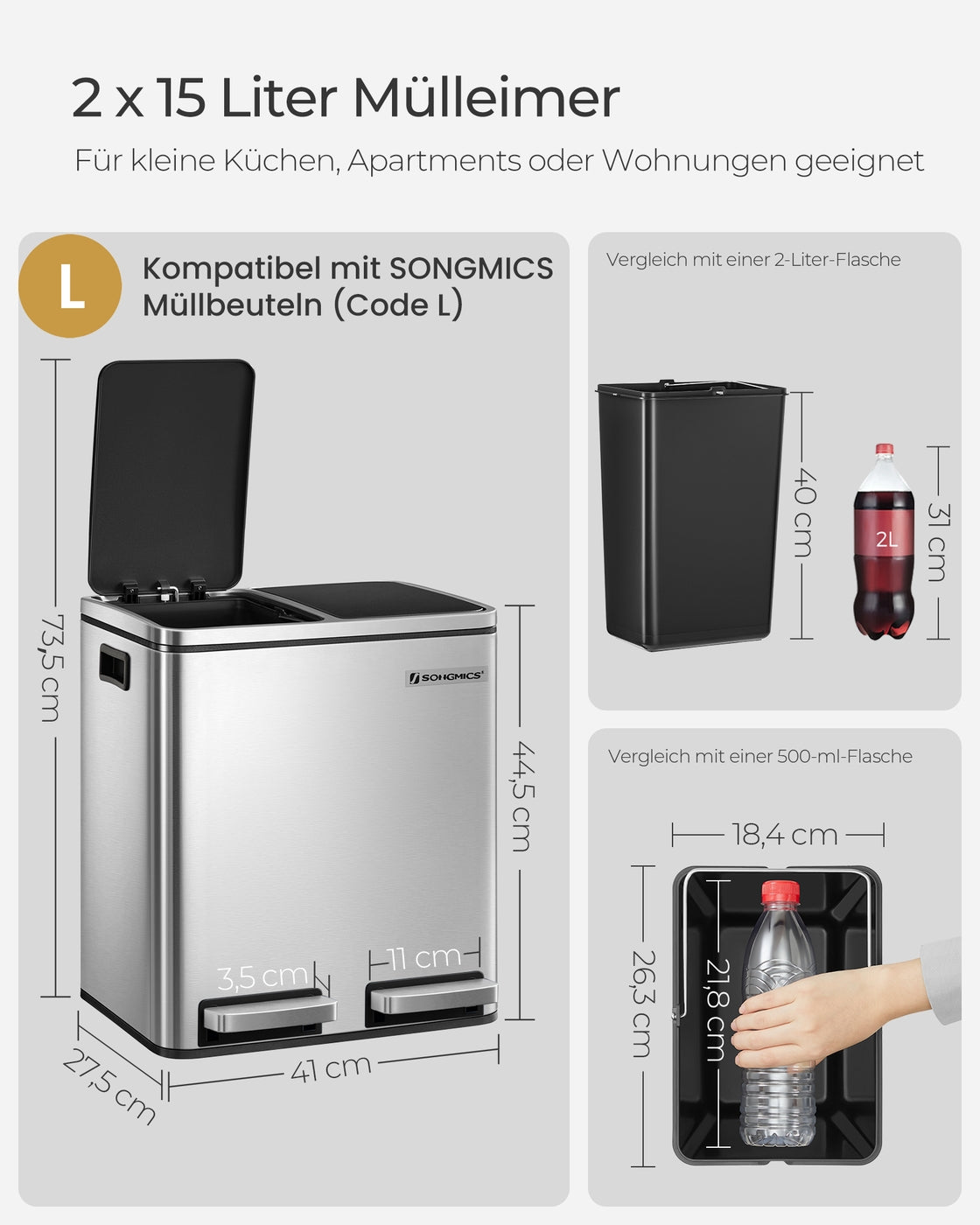Doppel-Treteimer 2 x 15 L – Mülltrennung mit Softclose – Edelstahl-Abfalleimer mit Inneneimern