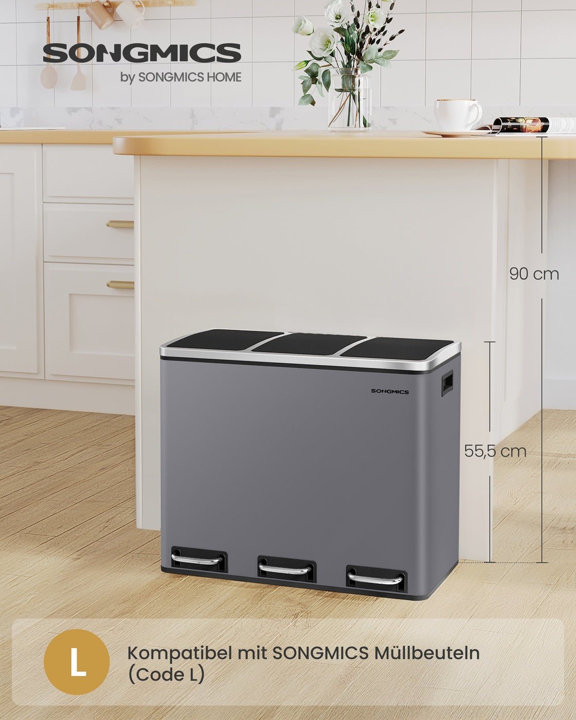 Mülltrennung Mülleimer 54 L - Mit Pedal Und 3 Innenbehältern - Für Küche