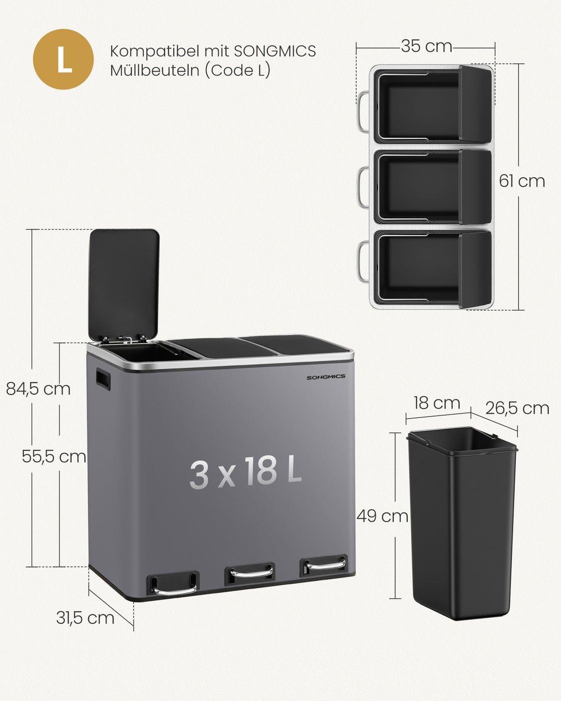 Mülltrennung Mülleimer 54 L - Mit Pedal Und 3 Innenbehältern - Für Küche