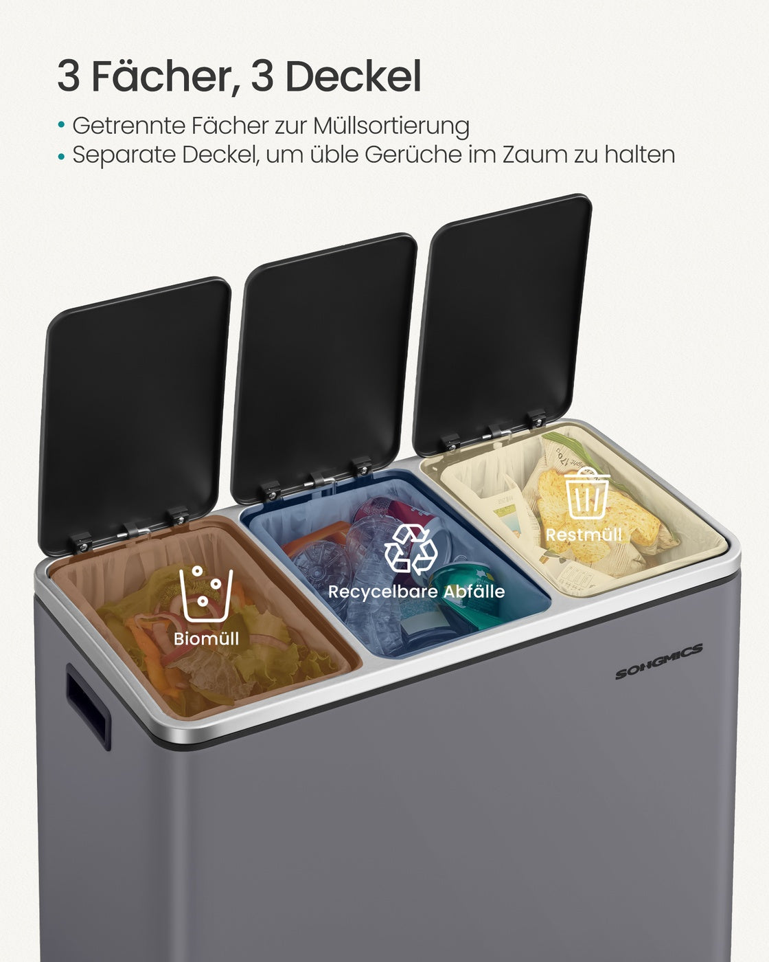 Mülltrennung Mülleimer 54 L - Mit Pedal Und 3 Innenbehältern - Für Küche